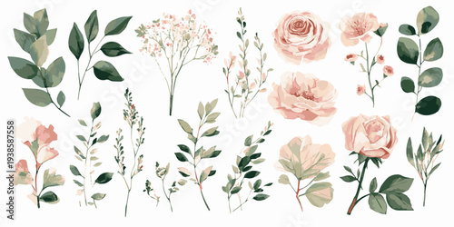 Collection of delicate watercolor wildflowers and botanical elements in a vibrant artistic display