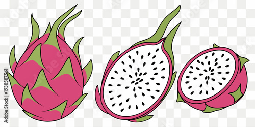 Three dragon fruits are displayed on a transparent, checkered background. The image is composed of a whole dragon fruit on the left, a halved dragon fruit in the middle, and a single slice on the righ