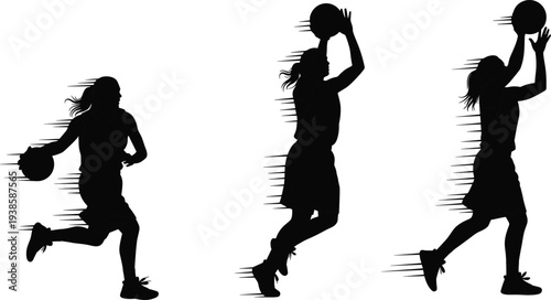 Female basketball player silhouettes showing dribbling, jumping and shooting action poses, women sport activity, basketball training, competition and athletic movement concept.