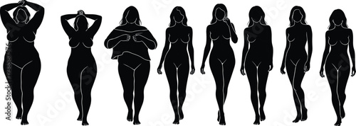Female body transformation silhouettes showing weight loss progress from plus size to slim figure, fitness journey, healthy lifestyle, body positivity and wellness concept.