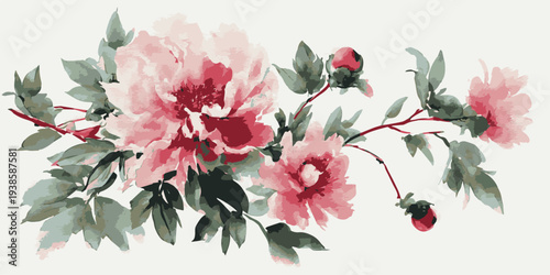 Vibrant tropical hibiscus flowers and exotic green leaves watercolor illustration set