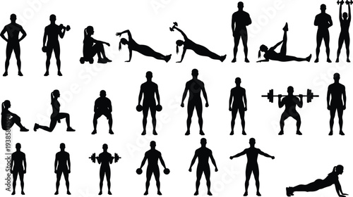Fitness workout silhouettes collection showing strength training, weightlifting, push ups, stretching and exercise poses, gym activity, bodybuilding training and healthy lifestyle concept.