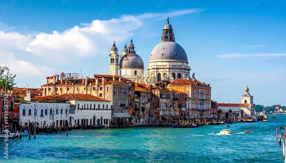 Naklejka premium Venice cityscape featuring a grand church dome over old, vibrant buildings, alongside a canal under a blue sky