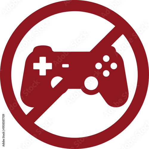 No Video Games Sign Icon – Red Prohibition Symbol with Game Controller Isolated on White