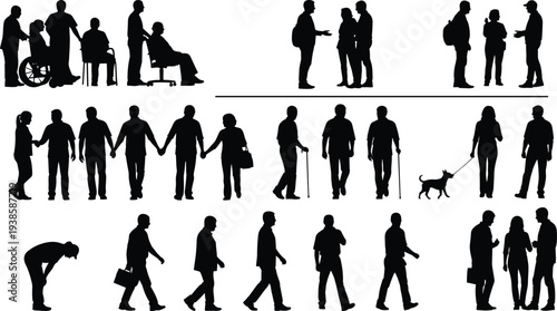 People silhouettes collection showing daily life activities including walking, conversation, elderly with cane, wheelchair assistance and social interaction, diverse lifestyle characters concept.