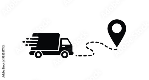 Delivery truck and location pin with a dashed path silhouette