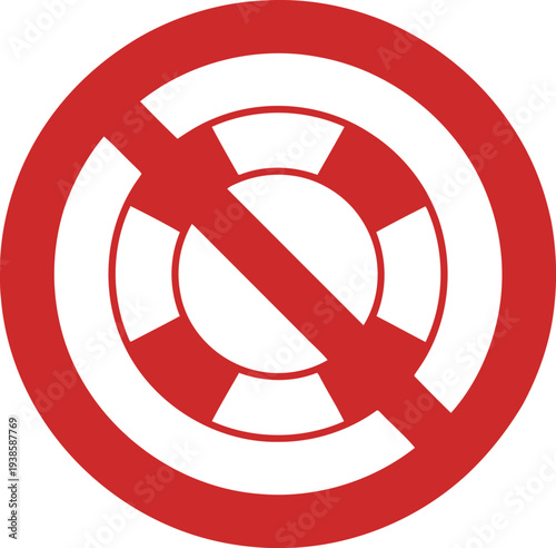 No Lifeguard on Duty Symbol, Red Prohibition Sign with Lifebuoy Icon for Safety Warnings