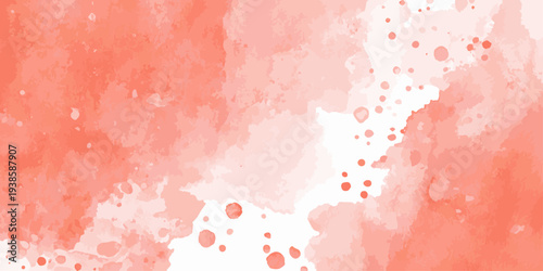 Abstract watercolor background with soft coral and pink hues and scattered droplets.