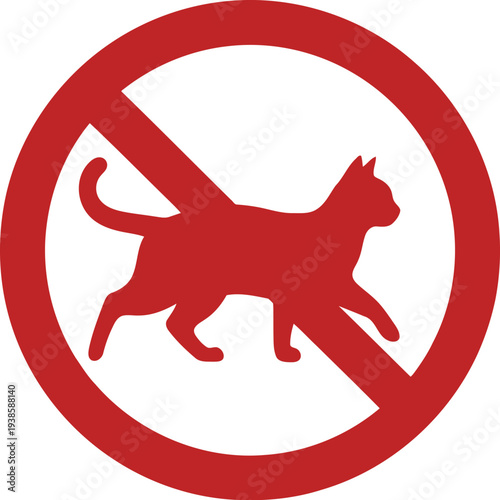 No Cats Allowed Sign, Red Prohibition Symbol with Cat Silhouette, Vector Illustration