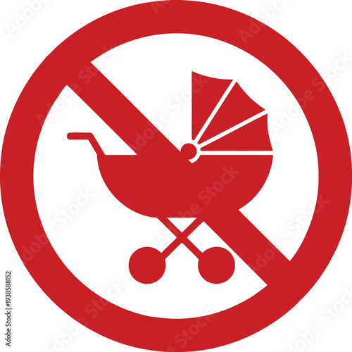 No Baby Strollers Allowed Sign – Red Prohibition Symbol with Pram Icon for Public Spaces