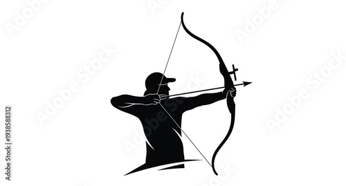 Archer drawing bow with arrow dramatic black figure silhouette