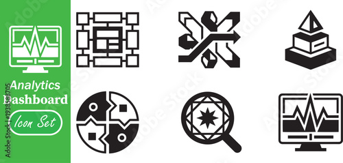 Analytics Dashboard and System Monitoring Icon Set: Data Flow Diagrams, Pyramid Statistics, and Information Architecture Elements