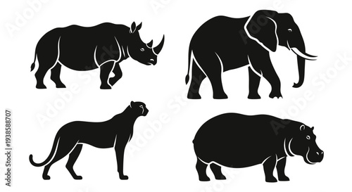 African Wildlife Silhouettes: Rhino, Elephant, Cheetah, Hippo Vector Icons
