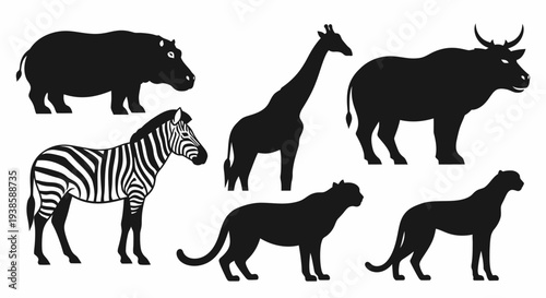 African Wildlife Silhouettes Set: Safari Animals Collection on White Background