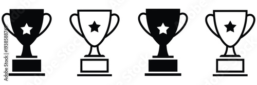 Trophy cup award icon set featuring flat style championship trophies and winner cups, sports tournament victory symbol,