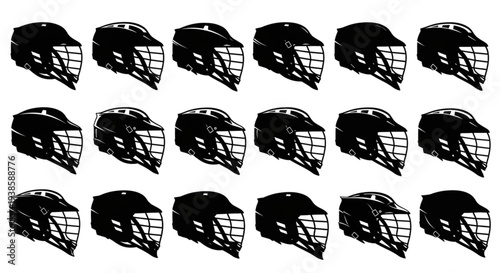 Collection of Black Lacrosse Helmets Arranged in Rows.