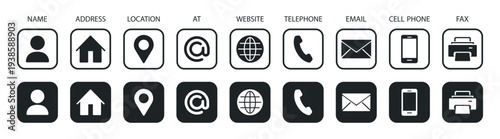 Contact communication icon set with phone email location home user globe car and web symbols, minimal interface buttons vector illustration on transparent background