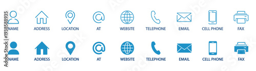 Contact communication icon set, phone, email, location, website, home, user, globe, printer symbols, blue outline interface buttons vector illustration on transparent background