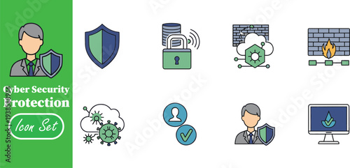 Cyber Security Specialist and Network Protection Icon Set: Cloud Virus Defense, Secure Database Lock, and Enterprise Firewall Protection