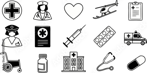 A collection of vector icons related to healthcare and medicine is presented against a transparent background. The icons are rendered in a minimalist, black and white outline style. The subjects inclu