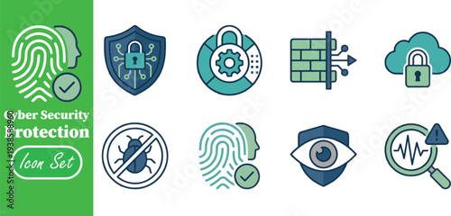 Cyber Security and Data Protection Vector Icon Set: Biometric Authentication, Cloud Safety, Network Firewall, and Antivirus Protection Elements