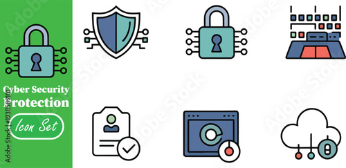 Cyber Security Network Protection and Identity Verification Flat Line Icon Set