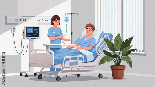 A dedicated nurse offers compassionate medical care to a patient in a hospital bed with IV and monitor, illustrating modern healthcare and recovery journey