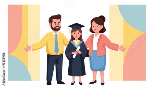 A heartwarming illustration of a proud family celebrating their daughter's significant graduation milestone, marking a joyous achievement in her academic journey and a bright future ahead
