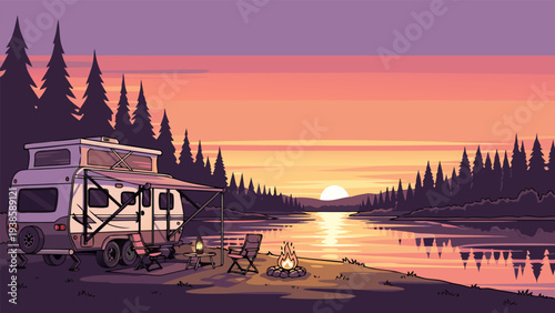 Vibrant pixel art sunset over a peaceful riverside campsite, showcasing a cozy camper van, warm fire, and tranquil nature escape illustration