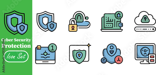 Cyber Security Protection and Digital Data Privacy Flat Line Icon Set