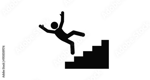 A person falling down stairs depicted in stark black silhouette