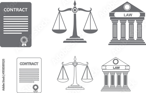 Law and justice symbols with contract documents