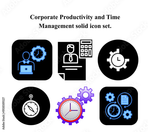 Collection of icons representing time management, workflow, and efficiency with gears and clocks