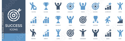 Business Success Solid Icon Collection, Goal Achievement, Planning And Development Symbols, Process Workflow And Performance Concept, Modern Vector Illustration For Business, Management, And Strategy.