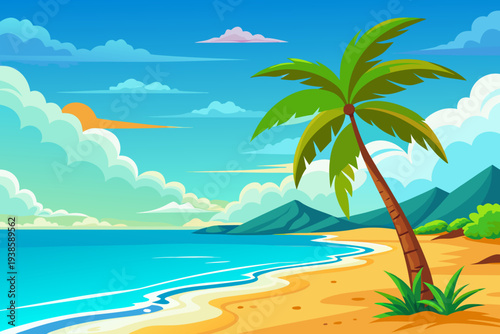Vector tropical beach landscape with palm tree