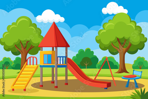 Vector illustration of a playground with climbing frame, slide, and swings