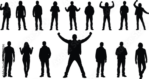 People silhouettes collection with men and women standing, celebrating and casual poses, lifestyle characters, success gesture, confidence and everyday human activity concept.