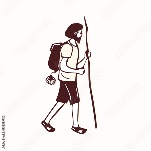 Biblical figure of saint james with pilgrims shell, staff, cloak walking on pilgrimage road. Hand drawn isolated vector icon for Santiago de Compostela sticker credencial passport symbol travel icon