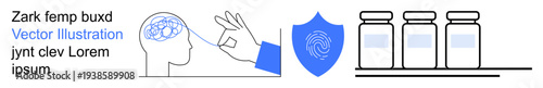 Mental health, cybersecurity, medical research, brain function, data protection, pharmaceutical development. A hand points to a brain, a shield with a fingerprint and medicines. Mental health