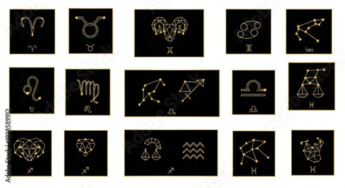 Collection of Zodiac Constellations and Symbols on Black Background.