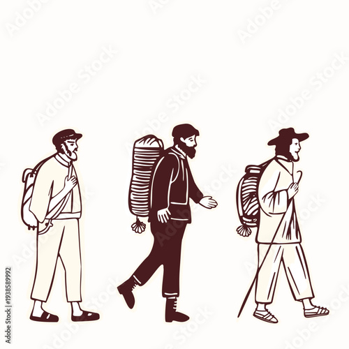 Male pilgrim walking on pilgrimage road with backpack, staff and scallop shell. Hand drawn vector motif for christian religious contemplative travel. Simple Camino de Compostela sticker style picture 