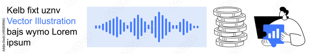 Obraz premium Data analysis, cloud storage, audio processing, technology, digital insights, system management. Sound waves, data stacks and a person with analytics charts. Data analysis and cloud storage