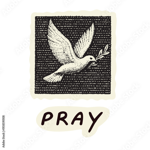 Pray for peace hand drawn icon with dove carrying olive branch and prayer circle lettering. Black and white flat vector picture icon for faith based clip art.