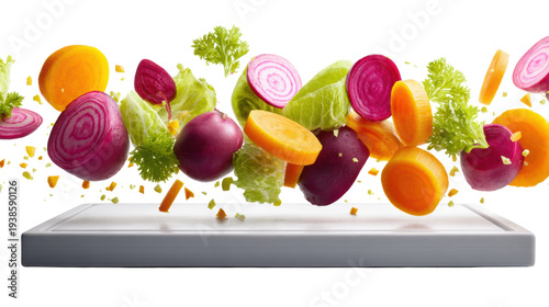Flying sliced beetroot and carrot with lettuce and parsley above cutting board isolated