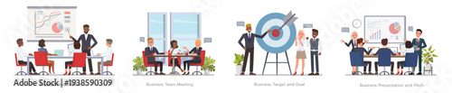 Business people team presenting project ideas meeting for collaboration and celebrating success with target in office set. Character vector illustration design.