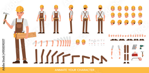 Male carpenter character construction kit with multiple poses facial expressions and tools for animation. Vector illustration design.