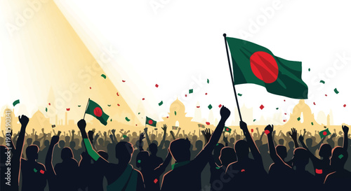 Celebratory crowd waves bangladesh flags in front of a city skyline