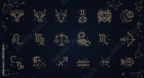 Collection of Zodiac Constellation Symbols and Astrology Icons.