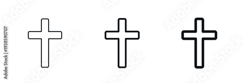 Minimal Christian cross outline icon in thin, regular, bold outline styles. Religious symbol representing faith, Christianity, church, prayer, spirituality, and worship. Isolated vector illustration