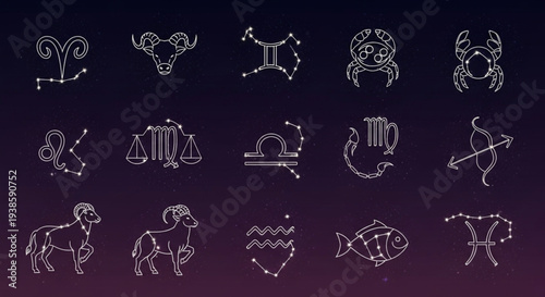 Collection of Zodiac Constellations and Symbols.
